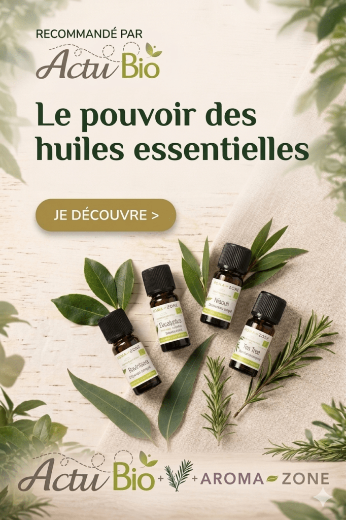 Banniere Actubio et Aroma-zone huiles essentielles affiliation 